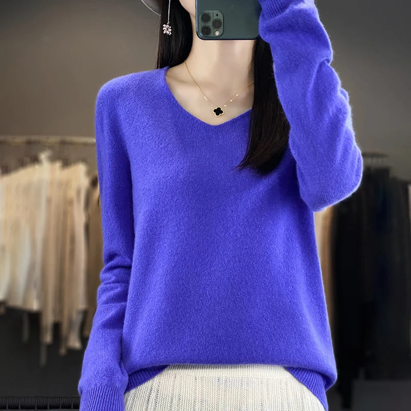 Frauen 100% Merinowolle Pullover V-Ausschnitt Basic Pullover Herbst Winter Kaschmir Kleidung Langarm weiche Strickwaren Tops einfarbig