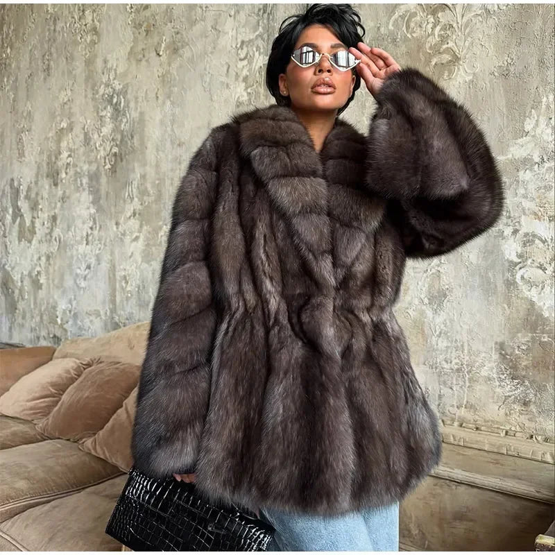 Brauner mittellanger Pelzmantel für Damen, Revers, versteckter Knopf, lockere, elegante Oberbekleidung, 2025, modischer Bürodame, Pendelmantel, Neu