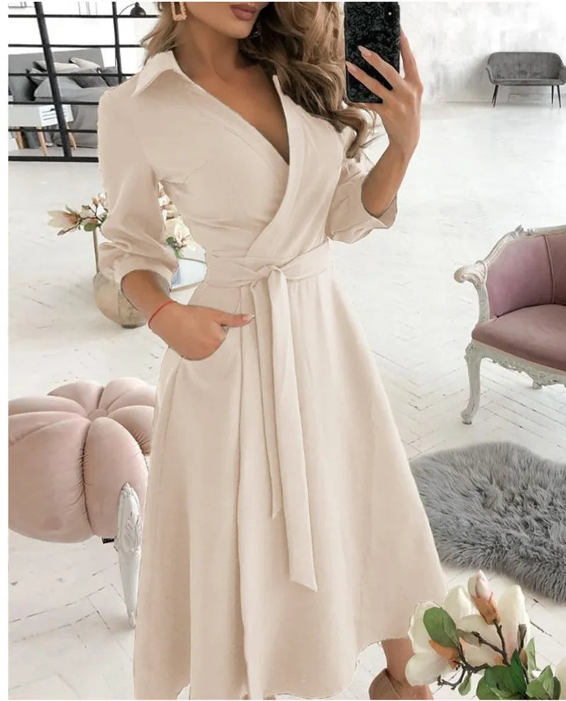 Herbst Neue Casual frauen Mode Lange ärmeln V-ausschnitt Gedruckt Muster Mid-länge Elegante Gedruckt frauen Kleid