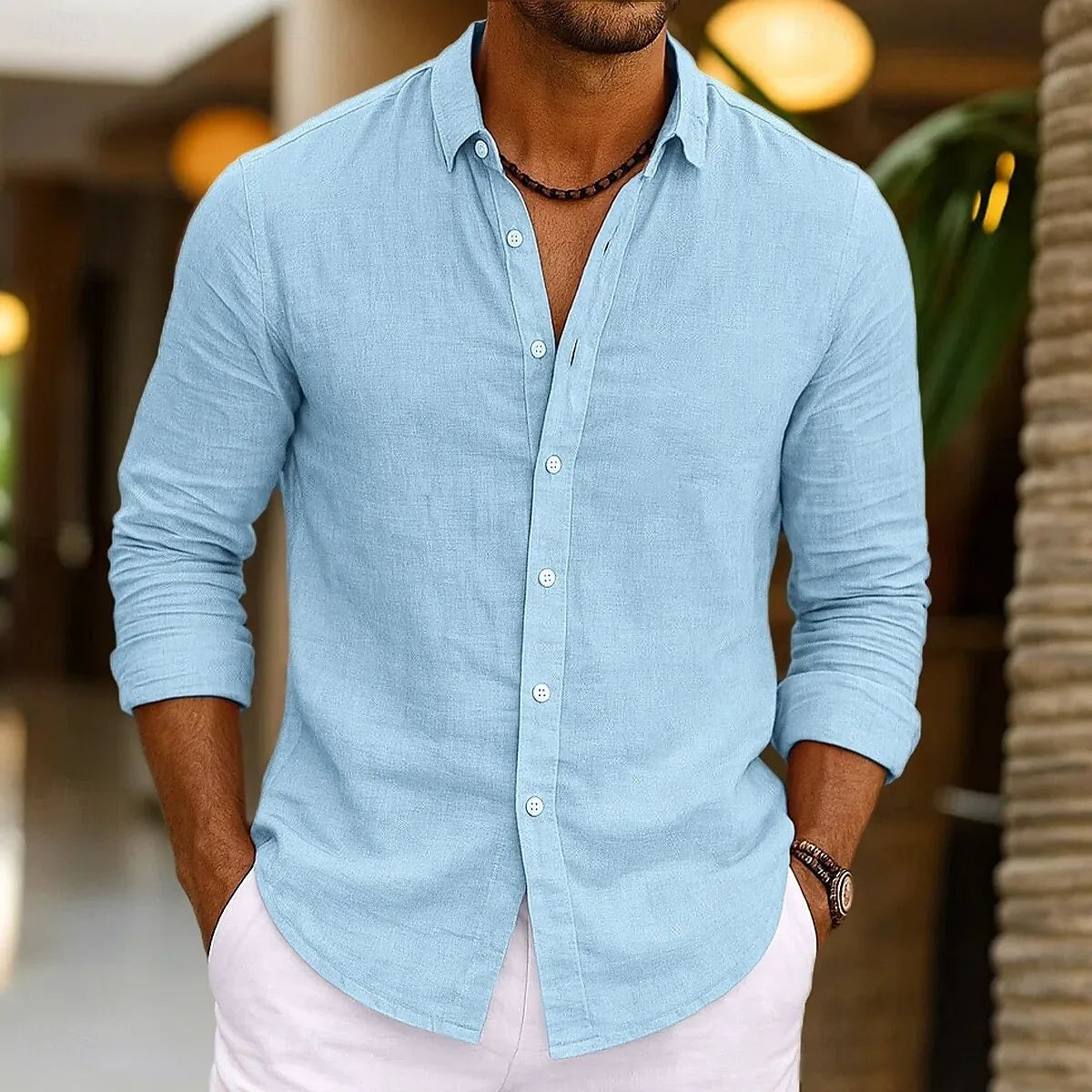 Herren Leinenhemd Sommer Beachwear Knopf Einfarbig Baumwolle Leinen Langarmhemd Urlaub Herrenbekleidung Schneller Versand