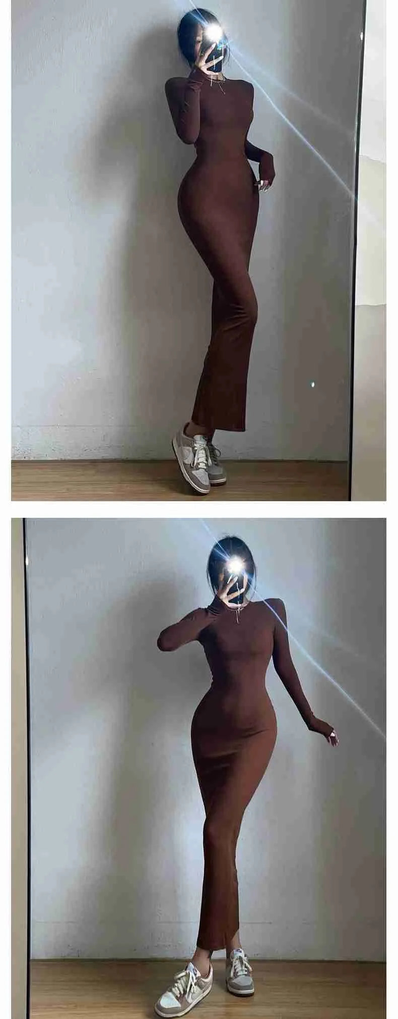 WOMENGAGA Einfache Maxi Langes Kleid Rundhals Langarm Enge Dünne Maxi Kleider Elegante Mode Koreanische Frauen Robe DEH8