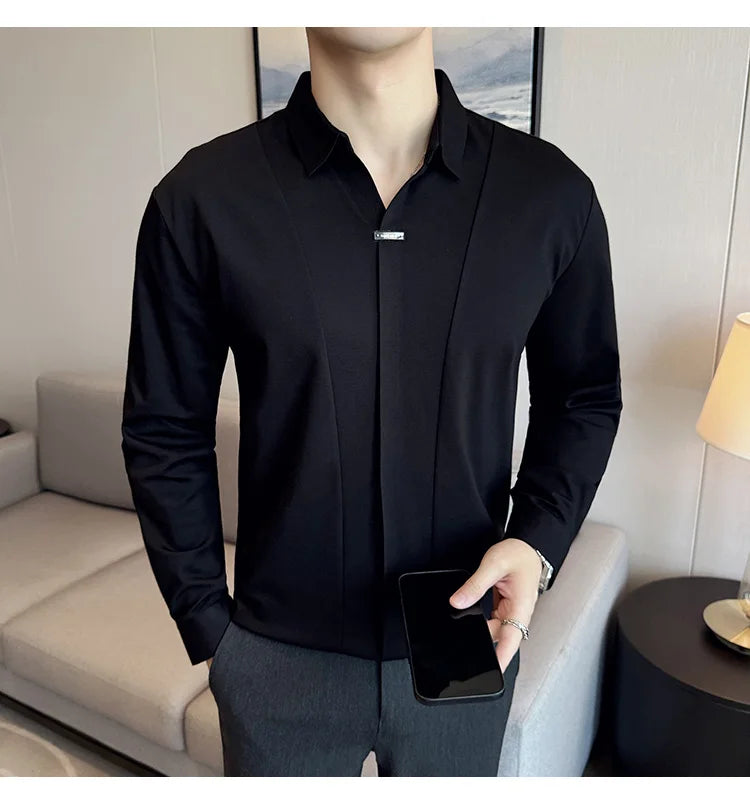 Men Long Sleeved Polo Shirt 2024 Autumn British Style Solid Casual Elastic Slim Fit T-shirt Formal Dress Polo Shirt Men Clothing