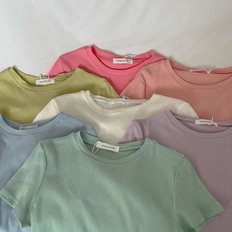 Damen T-Shirt mit Rundhalsausschnitt, Kurzarm, Koreanischer Stil, Mehrfarbig, Basic, Slim Fit Oberteil