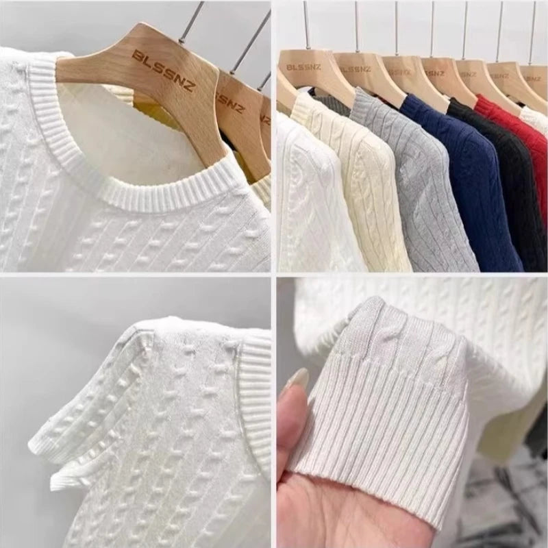 Zjaiss 2026 Sommer Koreanisches Retro Elegantes Textur-Kurzarm-Oberteil mit O-Ausschnitt und Zopfmuster für Damen – Weiches, lässiges, vielseitiges, dünnes T-Shirt