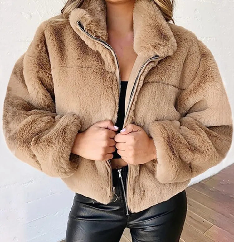 2025, Winter frauen Warme Jacke Zipper Strickjacke Faux Pelz Mode Langarm Stehen Kragen Plüsch Mantel für Weibliche
