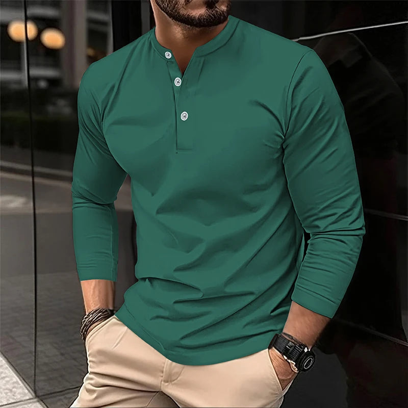 2025 männer Sommer Langarm Henry Polo Casual Atmungsaktiv Komfortable Polo-Shirt Solide Hohe Qualität Männliche T-Shirt Dropshipping
