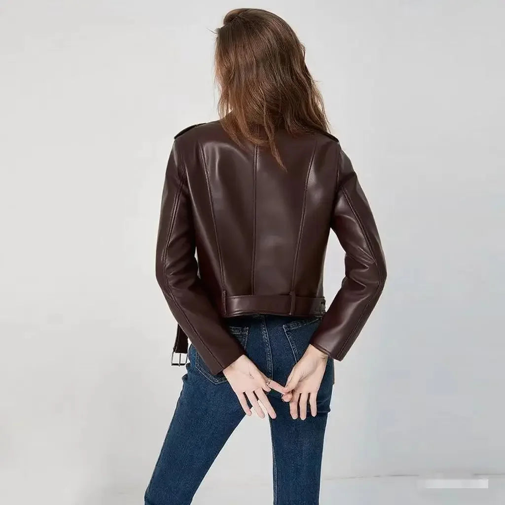 Damen-PU-Lederjacke, schmale Passform, Motorrad, gewaschener Reißverschluss, Oberteil, Herbst-Winter, modische Oberbekleidung, lässiger Stil, volle Ärmel