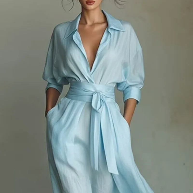 Böhmisches Elegantes Schnür-Maxikleid mit Hoher Taille für Damen Neues Umlegekragen-Kleid mit Ausschnitten für Partys Frühling 3/4 Ärmel Taschen-Maxikleid