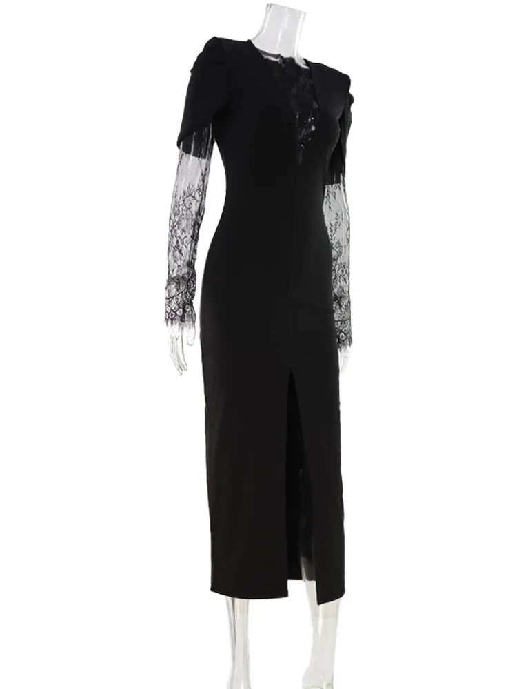 Ahagaga Eelgant Spitze frauen Kleid Patchwork Lange Ärmel Herbst Party Slim Fit Mantel Samt Sexy Split Trend Weibliche Vestidos