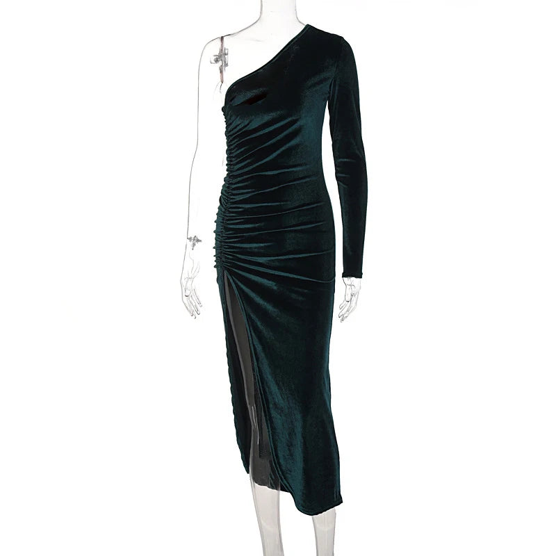 Frauen Elegante Langarm Party Abend Samt Bodycon Split Bleistift Midi Kleid 2024 Frühling Herbst Kleidung