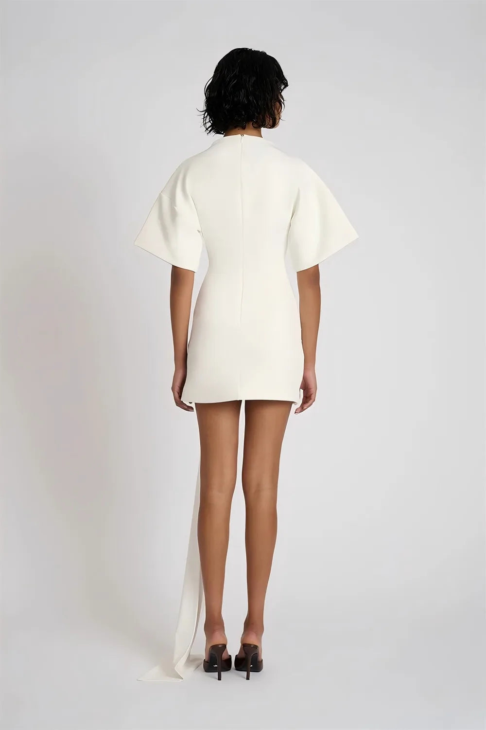 Apprabant Women Buckle Ruched Ribbon Mini Dress O-Neck Metal Short Sleeve Solid Color Silm Bodycon Short Dress Casual Partywear
