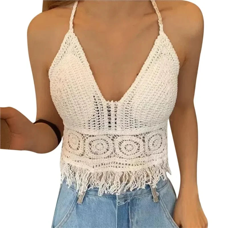 2024 sommer Sexy Strand Kurze Crop Top für Frauen Leichte Aushöhlen Häkeln Quasten Saum Halter Bhs Bustier mit Brust Pads