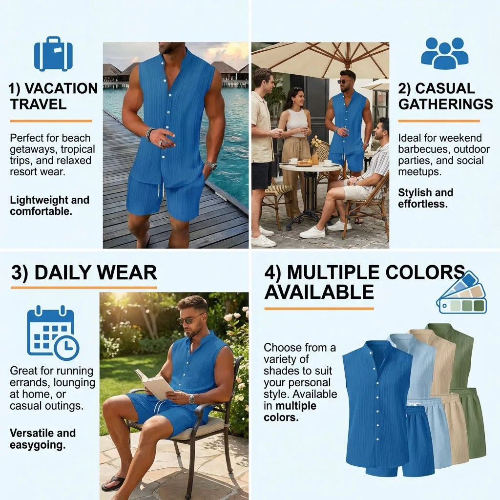 Sommer Neue Herren Mode Stehkragen Einfarbiges Besticktes Ärmelloses Hemd Shorts Set Lässige Strandkleidung