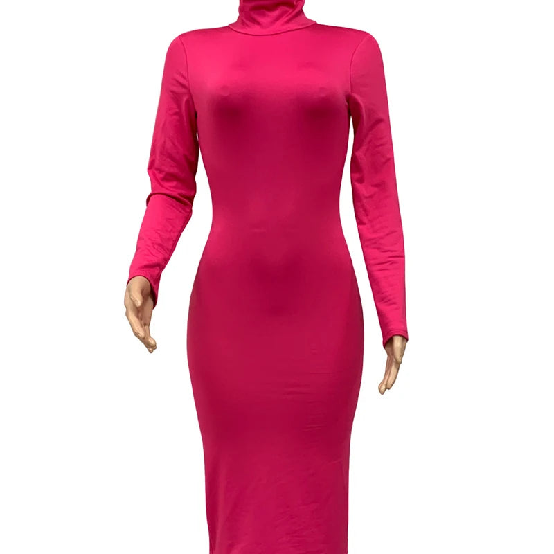 Winter Schwarz Rollkragen Sexy Frauen Kleid Herbst Langarm Dünne Midi Boydcon Casual Blau Plüsch Knie-Länge Party