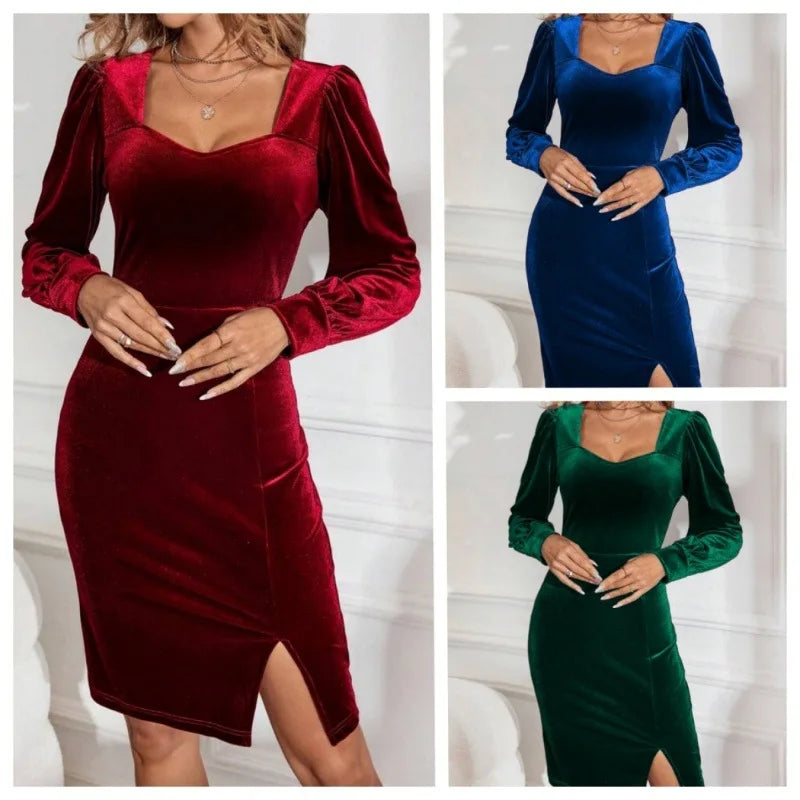 2025 Herbst/Winter Neue Stil Split Slim Fit Lamm Bein Ärmel Quadratischen Hals Elegante Velour Langarm Kleid