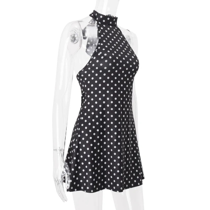 Polka Dot Elegante Off Schulter Ärmellose Backless Hohe Taille Halter Mini Kleid Y2K Sommer Fashion Club Party Vestidos