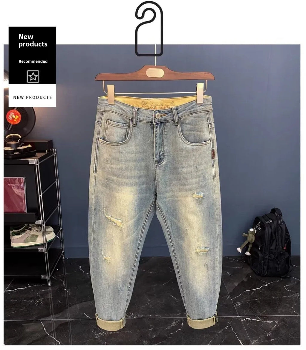 Jeans für Herren 2025, Frühling und Herbst, kleine zerrissene Jeans, Herren-Vintage-Hosen, trendige Marke, Harlan-Männerkleidung, Streetwear-Kleidung
