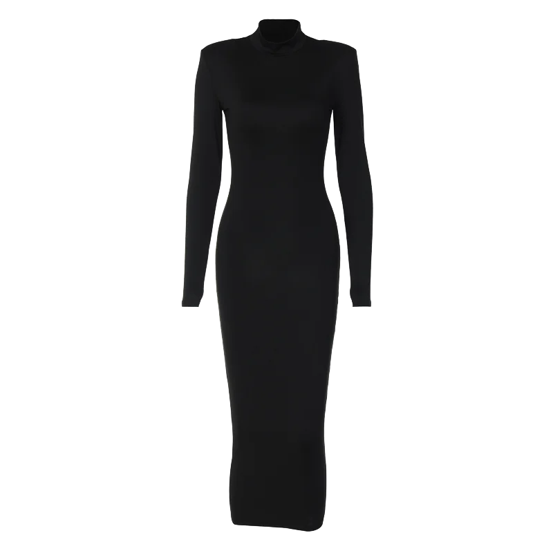 Hugcitar Frauen Mode Rollkragen Lange Ärmel Schwarz Sexy Bodycon Maxi Prom Kleid Herbst Casual Kleidung Streetwear Party Festival