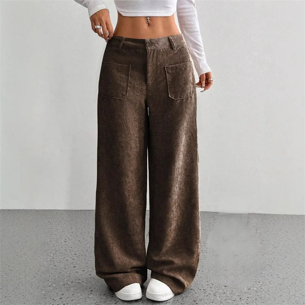 Women Autumn Winter Corduroy Pant Fashion Retro New In Wide Leg Trousers Lady Casual High Waist Solid Pants Street Chic Clothes