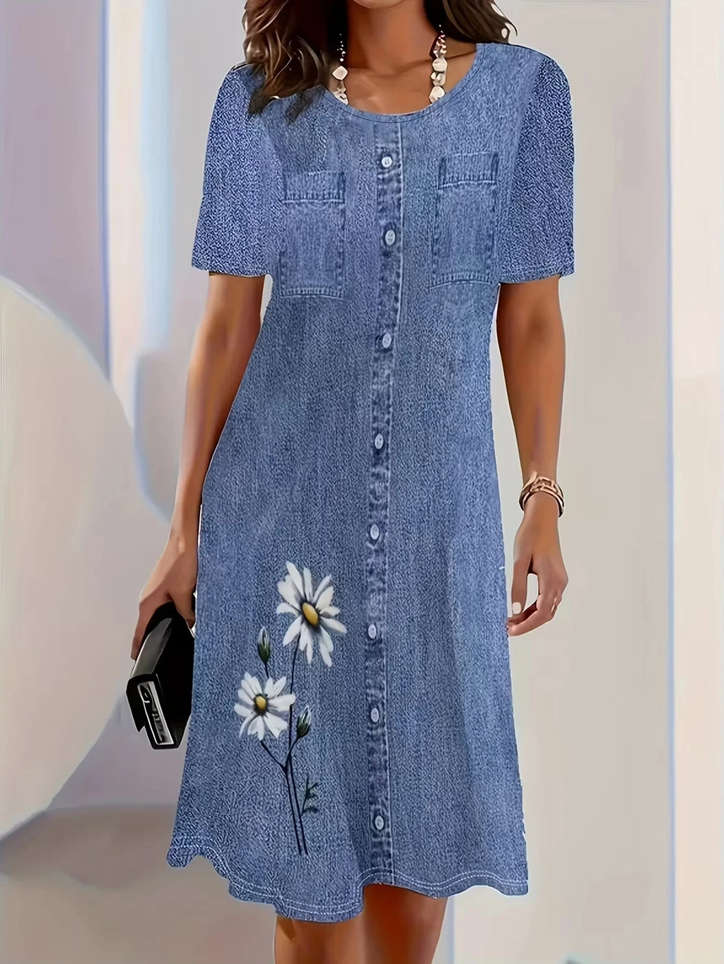 Damen Daisy 3D-Print Faux-Denim Midikleid Sommer Lässiges Kurzarm-Kleid mit Fake-Knopfleiste A-Linie Fließendes Sommerkleid für Strandurlaub