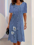 Damen Daisy 3D-Print Faux-Denim Midikleid Sommer Lässiges Kurzarm-Kleid mit Fake-Knopfleiste A-Linie Fließendes Sommerkleid für Strandurlaub