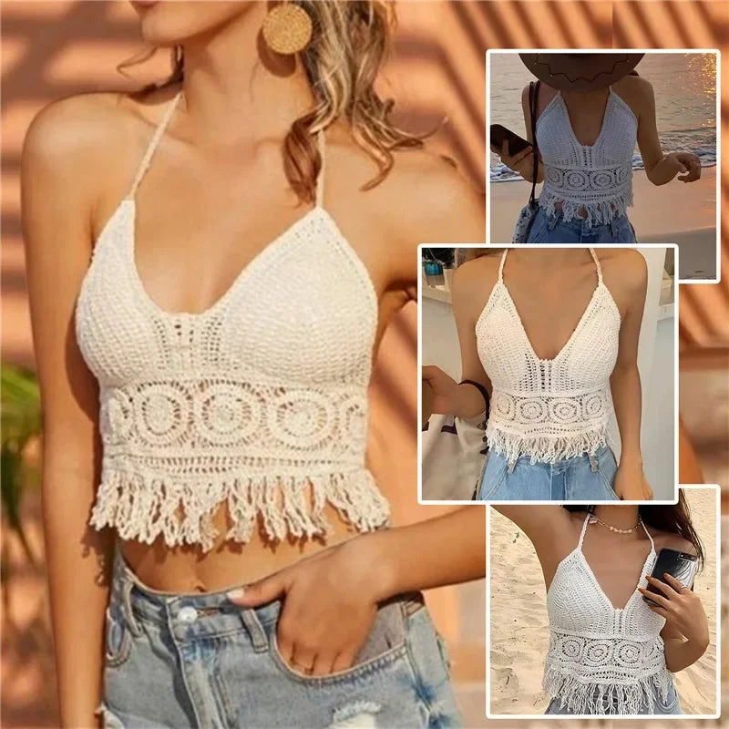 2024 sommer Sexy Strand Kurze Crop Top für Frauen Leichte Aushöhlen Häkeln Quasten Saum Halter Bhs Bustier mit Brust Pads