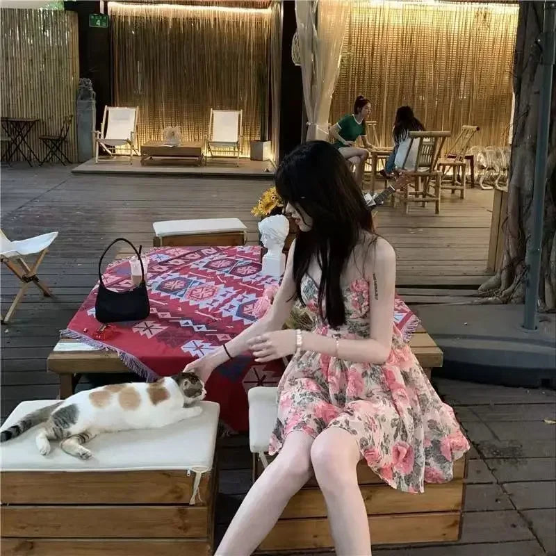 Elegantes, hoch tailliertes, schlankes, florales Tank kleid für Frauen im Frühling und Sommer im französischen Stil