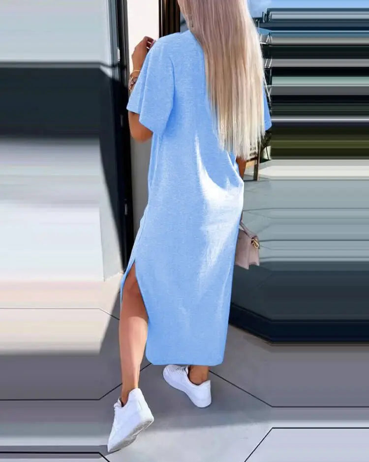 Fashion Simple O Neck Short Sleeve Solid Dress For Women New 2024 Summer Casual Loose Comfortable Split Long Dress Robe Femme