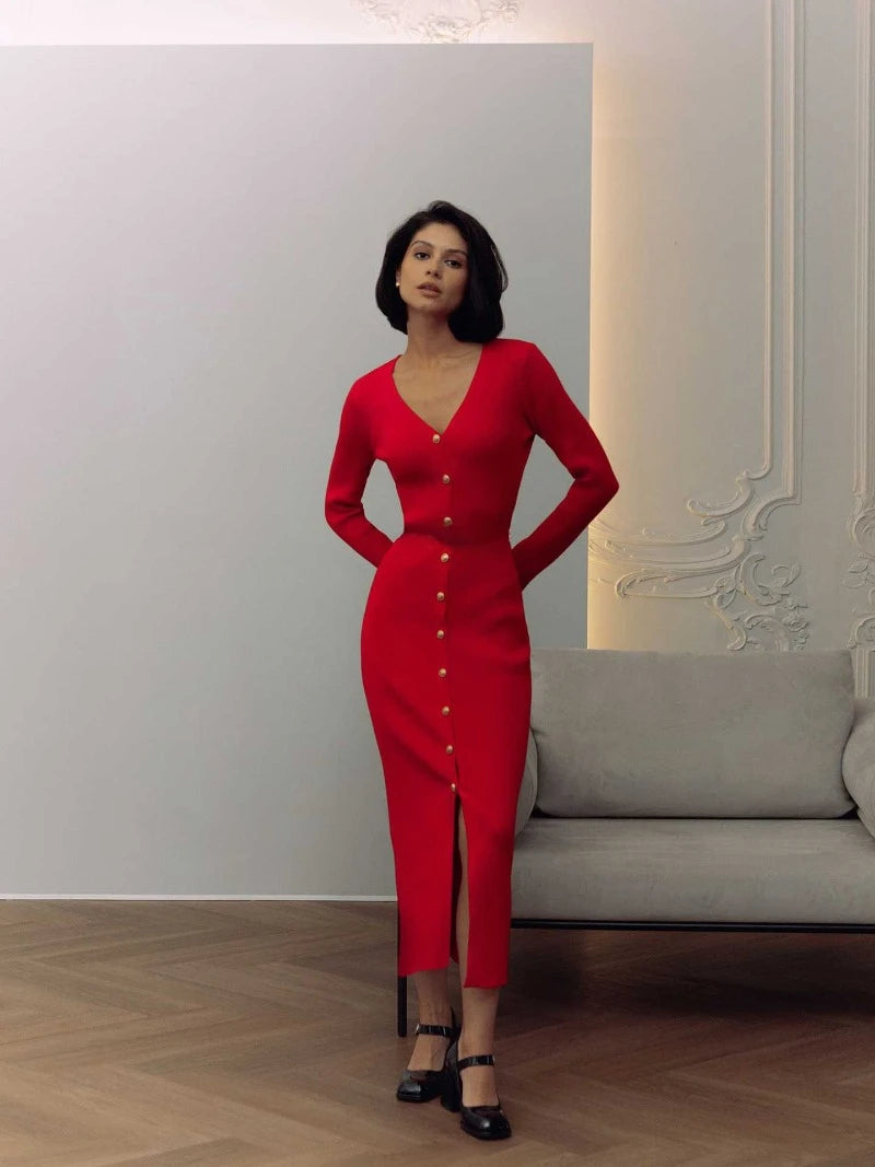 Trendix Elegantes Abendkleid für Damen, V-Ausschnitt, lange Ärmel, Patchwork, Knopf, Schlitz, Pullover, Kleider, 2024, Herbst und Winter, gestricktes Maxikleid