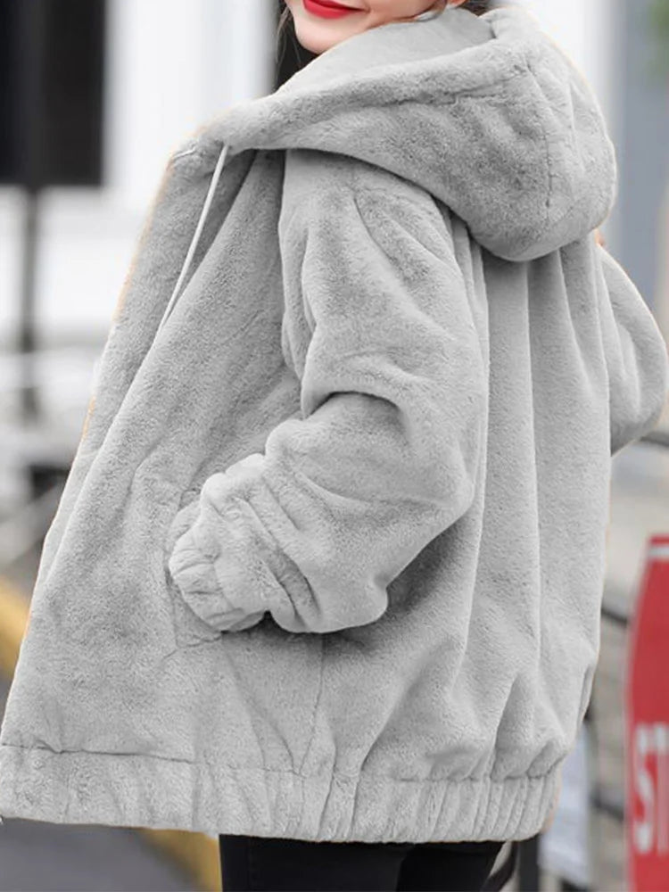 Plüsch-Kapuzenjacke für Damen, mittellang, Winter, neuer lockerer Plüsch, warmer, langer Ärmel, Plüsch, kurze Jacke, modischer Freizeitmantel