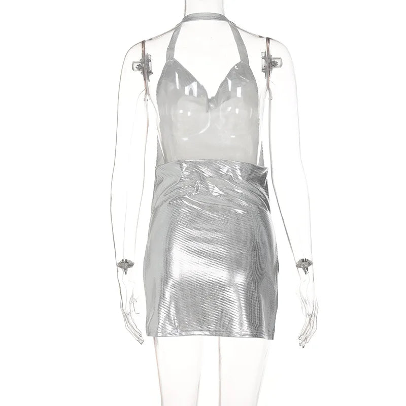 Sexy und modisches Damen-Kleid, elegant, kurz, mit hängendem Hals, rückenfrei, unten auf der Brust, Pailletten, Party-Mädchen-Tanzkleid