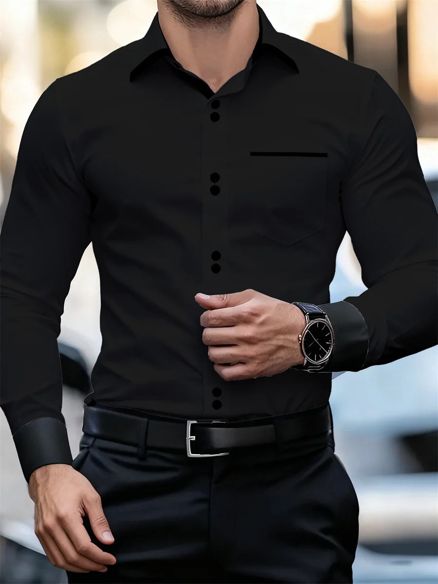 Herren-Business-Langarmhemd mit Farbblockkragen, schmale Passform, knitterfrei, schwarz-weißes Patchwork-Hemd, modisches Herrenoberteil