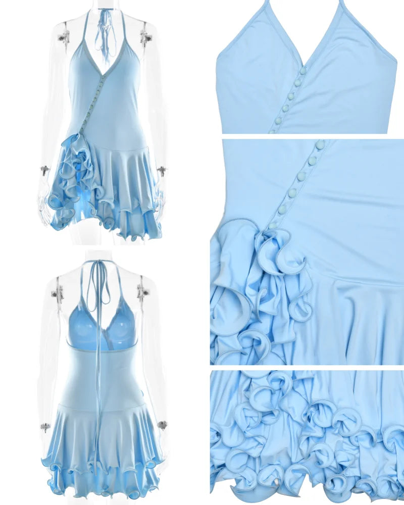 Absobe Damen A-Linie, figurbetontes Minikleid, Rüschensaum, V-Ausschnitt, asymmetrische Knöpfe, lange Ärmel, kurzes Kleid, Party, Streetwear, Outfits