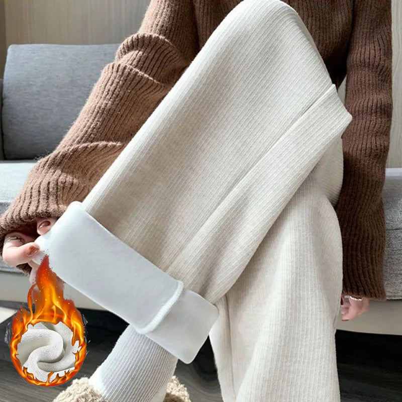 Winter Girls Snow Warm High Waisted Thermal Pants Women Fashion Straight Leg Plush Trousers Lady Thin Fleece Daily Pants