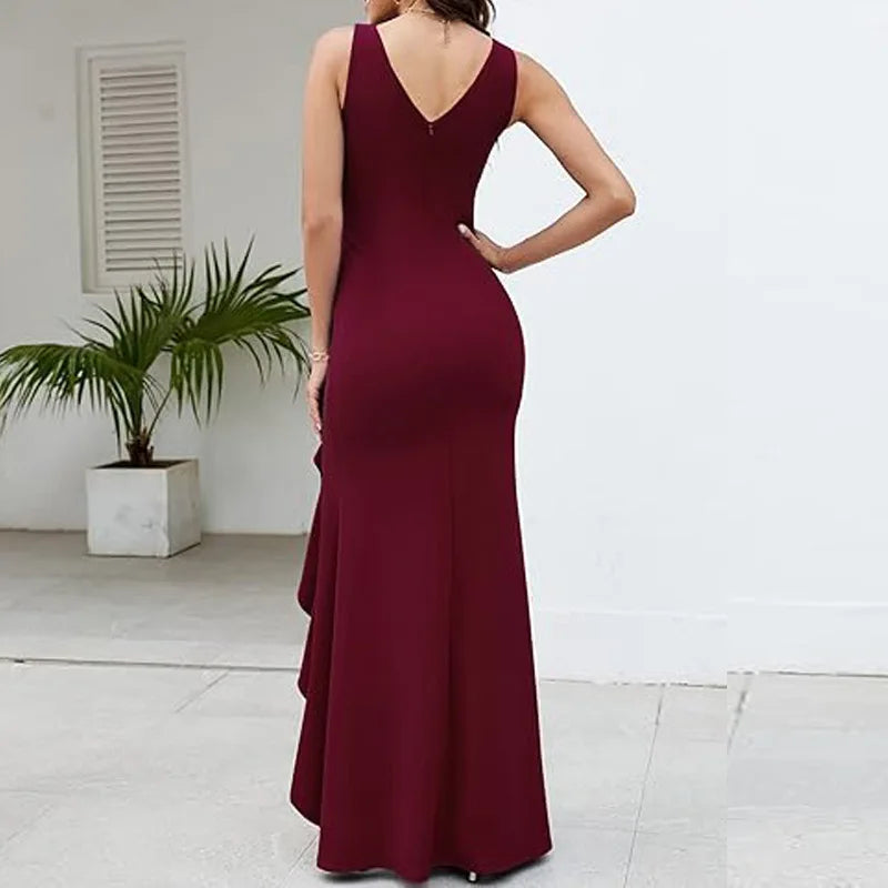Sexy Schlitz, Rüschen, ärmellos, Abendkleider für Damen, modisch, V-Ausschnitt, schlank, plissiert, elegantes weibliches Maxi-langes Kleid 2025,