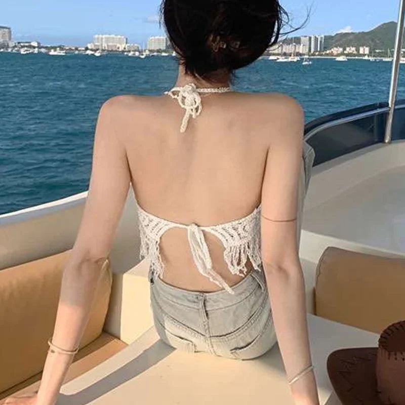2024 sommer Sexy Strand Kurze Crop Top für Frauen Leichte Aushöhlen Häkeln Quasten Saum Halter Bhs Bustier mit Brust Pads