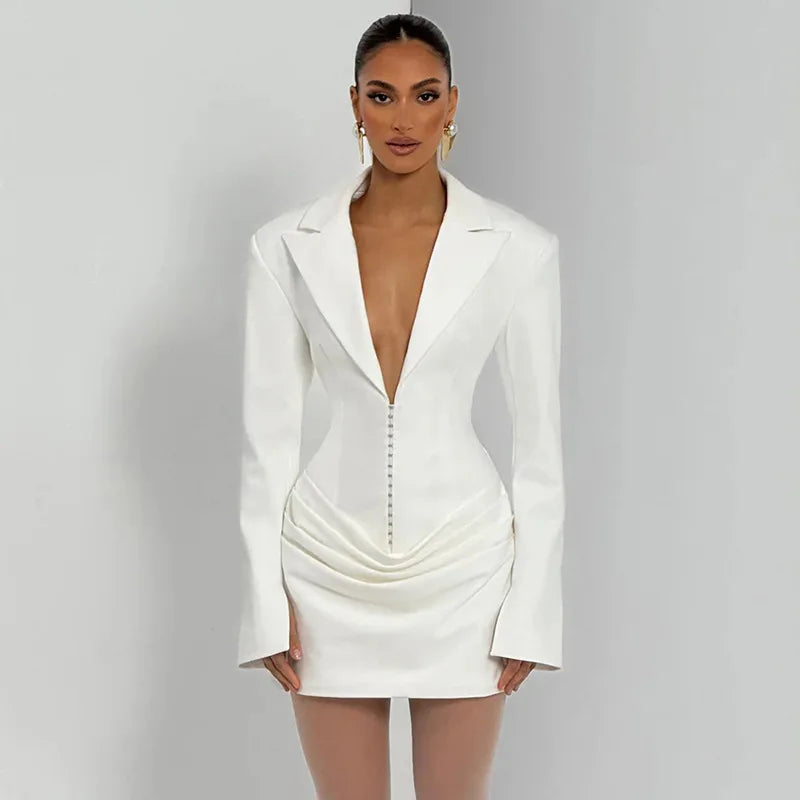 2023 neue Herbst Winter Mini Kleider Mode Frauen Langarm Tiefem V-ausschnitt Sexy Geraffte Bodycon Abend Party Club Blazer Vestidos