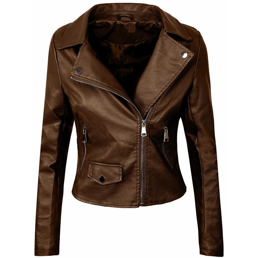 Slim Fit Short Zipper PU Leather Jacket Women's Solid Color Outerwear Autumn Winter Street Style Comfortable Casual Fashion