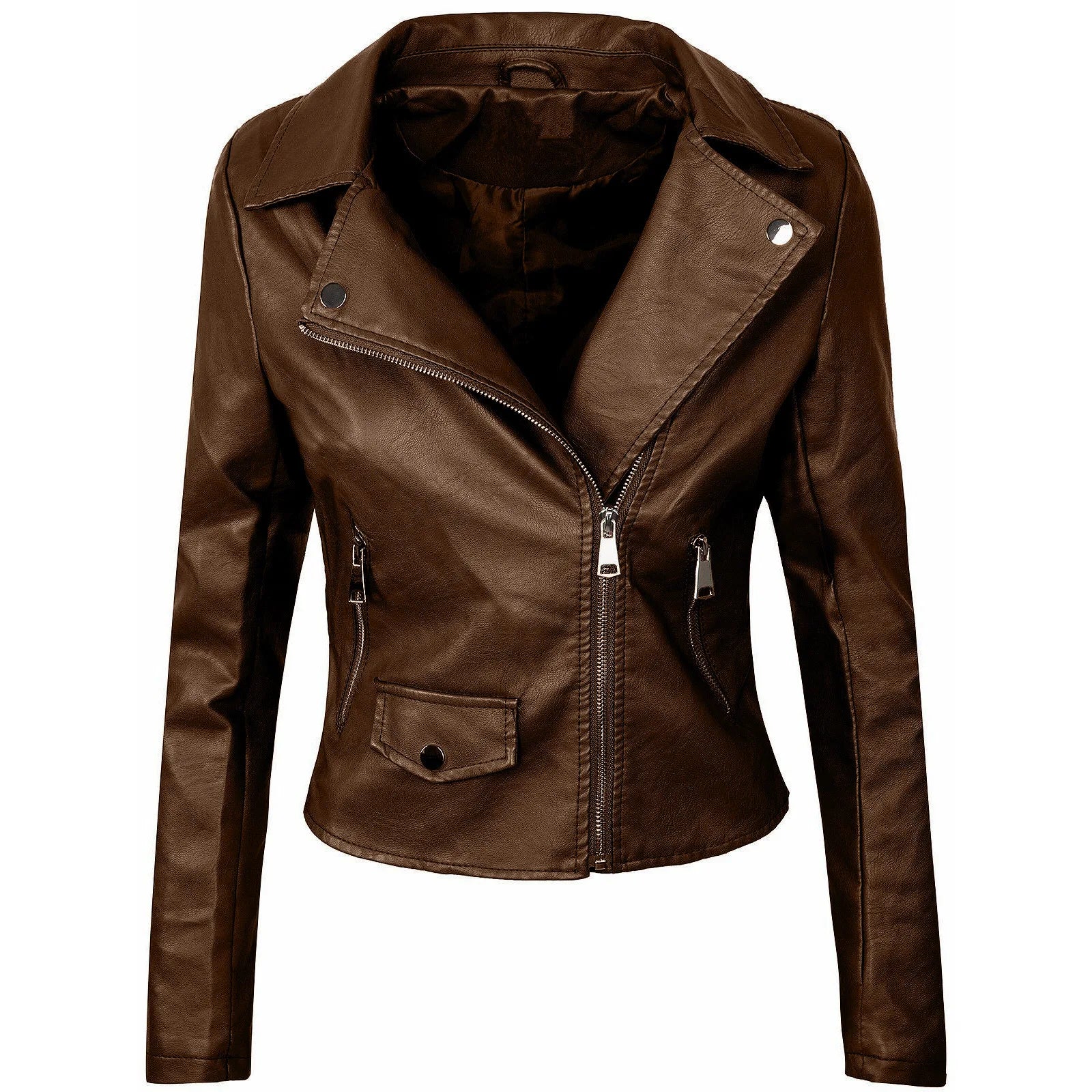 Slim Fit Short Zipper PU Leather Jacket Women's Solid Color Outerwear Autumn Winter Street Style Comfortable Casual Fashion
