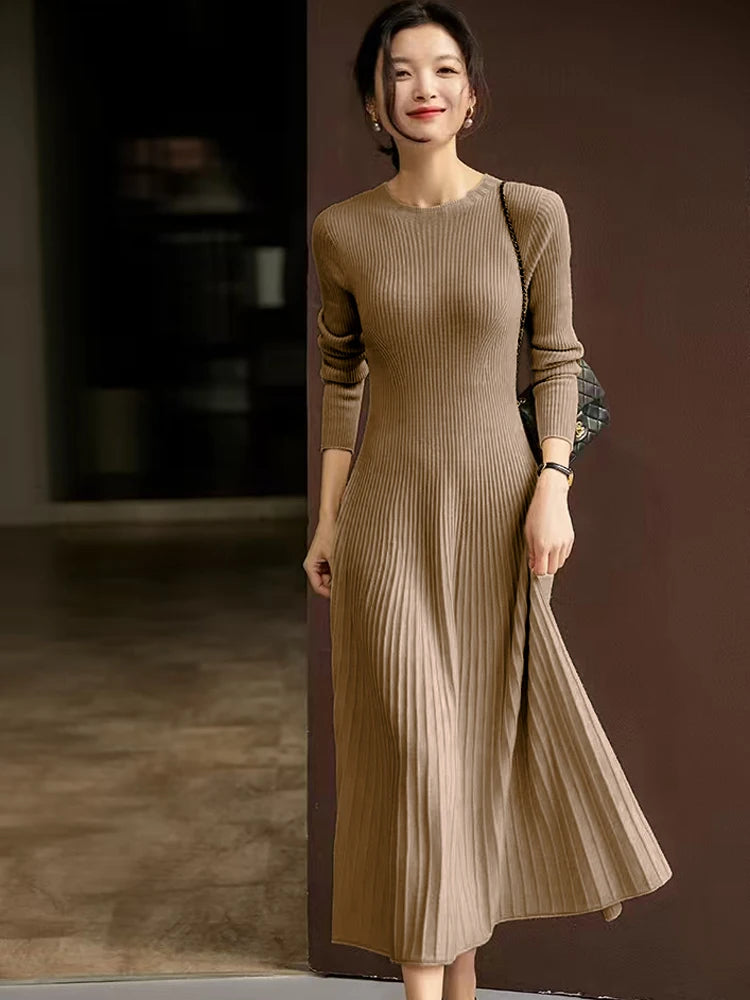 Frühling Herbst Pullover Damen Kleid 100 % Merinowolle Kleid O-Ausschnitt Slim Maxirock Basic Langarm Kleid Sexy Inside Join Dress