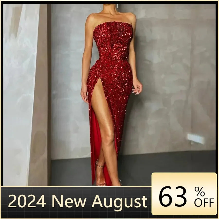 Maßgeschneiderte trägerlose Maxi-lange Kleider für Damen, funkelnde Pailletten, rückenfrei, sexy Abendparty-Kleider, Vestidos, schmal, hoch geschlitzt, formell