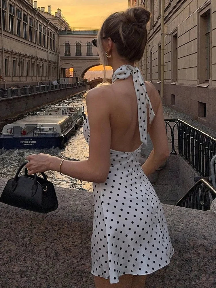 Polka Dot Elegante Off Schulter Ärmellose Backless Hohe Taille Halter Mini Kleid Y2K Sommer Fashion Club Party Vestidos