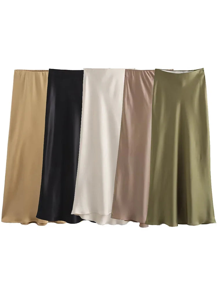 Willshela 2024 Schwarz Satin Rock Frau Hohe Taille Elegante Lange Röcke Für Frauen Mode Sommer Midi Rock Büro frauen Röcke