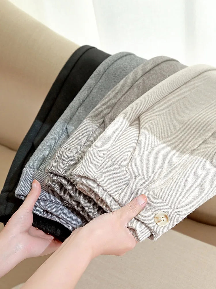High Waist Wool Blend Pants Women Winter Thicken Plush Lined Harem Pantalones Office Casual Warm Ankle-length Woolen Spodnie