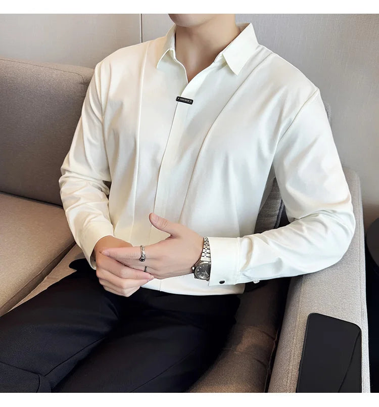 Herren-Poloshirt mit langen Ärmeln, 2026, Frühling, britischer Stil, einfarbig, elastisch, schmale Passform, T-Shirt, formelle Kleidung, Poloshirt, Herrenbekleidung