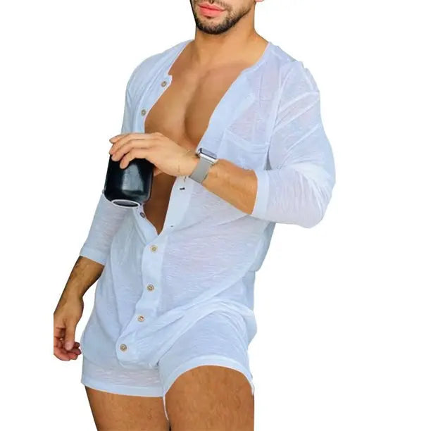 Neue 2024 Sommer-Pyjama-Sets in einfarbiger Farbe mit sexy langärmeligem Body und engem Overall für Herren