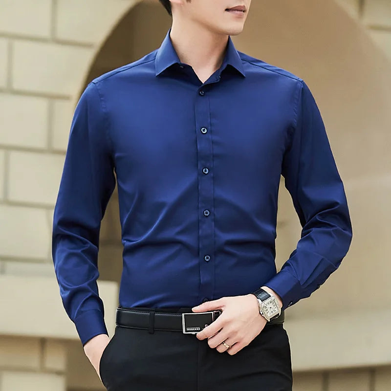 Neue Plus Größe Männer Einfarbig Business Hemd Mode Klassische Grundlegende Beiläufige Dünne Weiße Langarm-shirt Marke Kleidung
