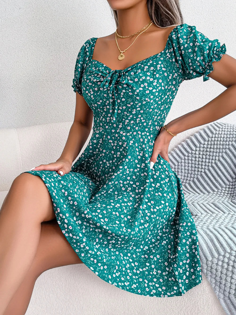Sommer Blumendruck Kurzes Kleid Bufftrly Ärmel Retro Damenkleider Mode Lässig Square Neck Tunika Strandkleid Elegant Chic