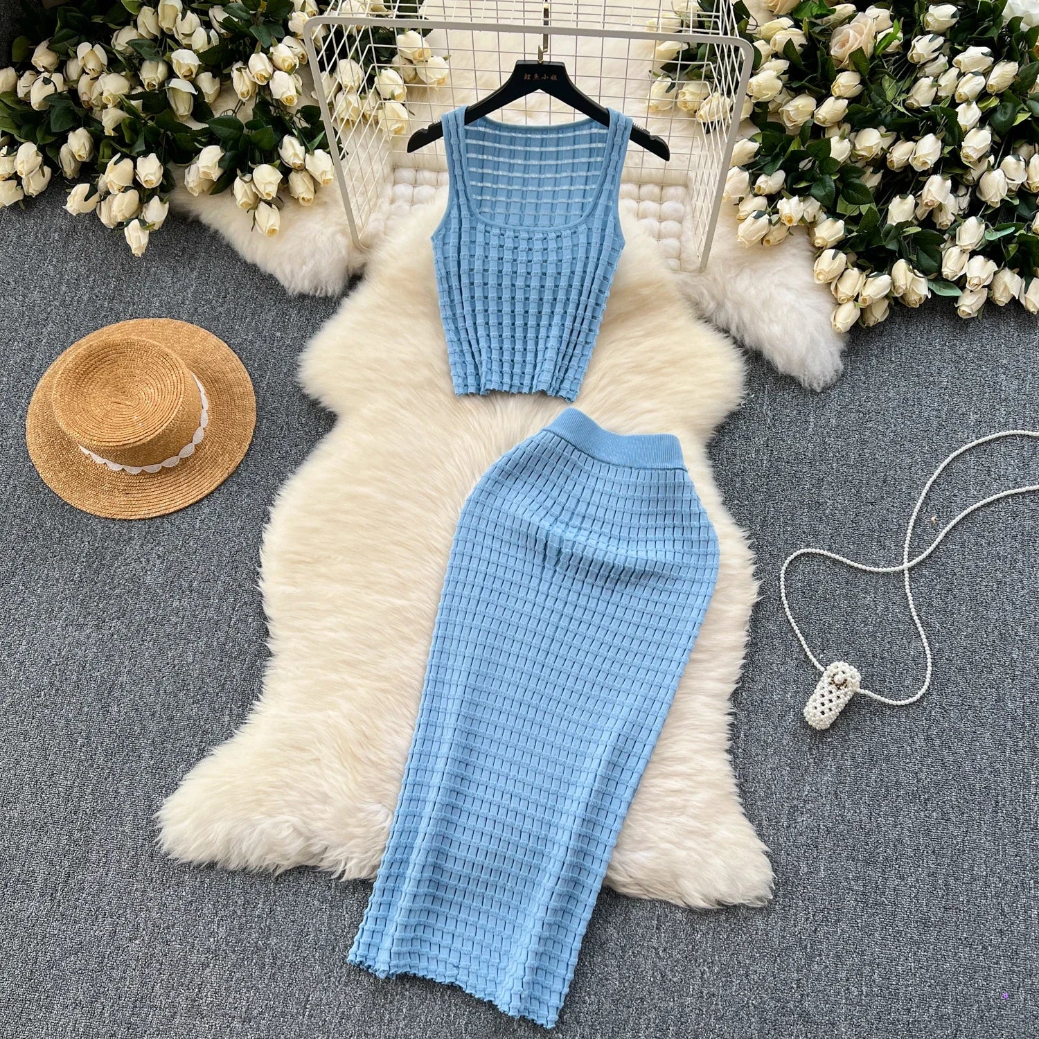 Sommer Frauen Mode Rock Set sexy ärmellose Tanktops hohe Taille schlanke lange Saya weibliche zweiteilige Anzüge stricken feste Kleidung