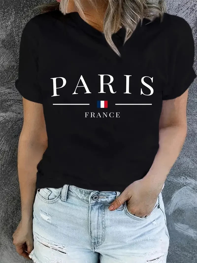 T-Shirt mit PARIS-Aufdruck, kurzärmeliges, lässiges Oberteil mit Rundhalsausschnitt für Sommer und Frühling, Damenbekleidung
